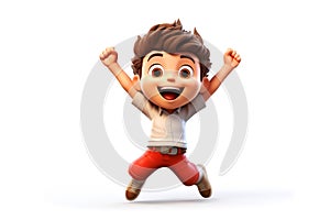 Happy smiling laughing jumping playing cartoon character boy kid child person in 3d style design on white background. Human people