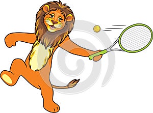 Happy smiling lion plays tennis