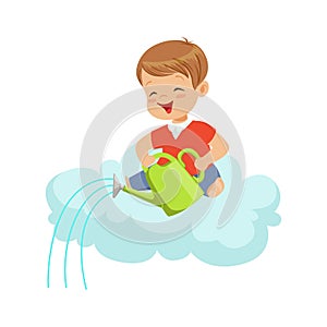 Happy smiling little boy pouring water while sitting on cloud, kids imagination and dreams vector illustration