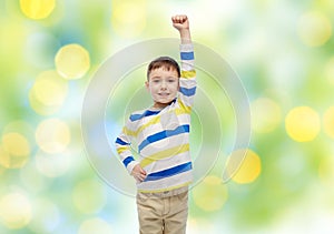 Happy smiling little boy with raised hand