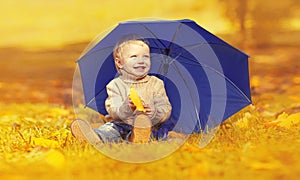 Happy smiling little child sitting on grass with umbrella playing with yellow leaves in autumn park