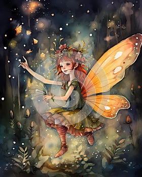 Happy smiling little fairy, flying in a magical enchanted moonlit forest surrounded by fireflies