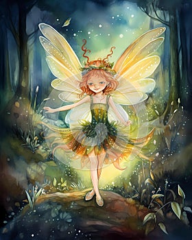 Happy smiling little fairy, flying in a magical enchanted moonlit forest surrounded by fireflies