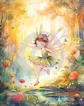 Happy smiling little fairy, flying in a magical enchanted sunlit forest surrounded by butterflies