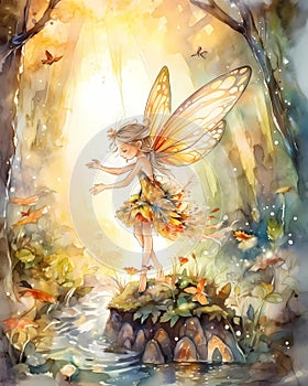 Happy smiling little fairy, flying in a magical enchanted sunlit forest surrounded by butterflies