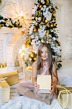 Happy smiling little girl child in pink dress with gift box sit near fir tree in christmas time