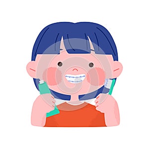 Happy smiling little girl with dental braces holding Toothbrush. Hand drawn cute cartoon character portrait vector illustration