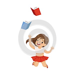 Happy smiling little girl having fun with books, cute kid playing and learning vector Illustration on a white background