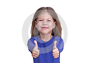 Happy and smiling little girl with thumbs up on two hands
