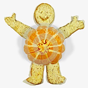 Happy smiling man with handles and legs made of peeled ripe orange fruit and his peel lies on a white background. Funny avatar!   