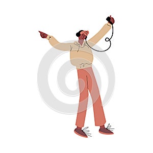 Happy smiling man in red pants dancing and listening to music with headphones. Vector illustration in flat cartoon style