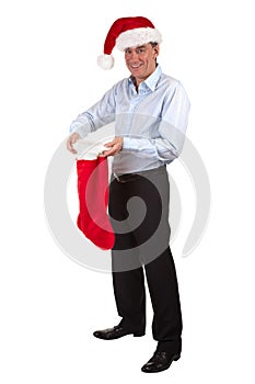 Happy Smiling Man in Santa Hat with Stocking
