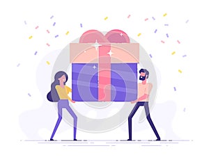 Happy smiling man and woman are carrying a large gift box. Bonus or special offer. Present. Modern vector illustration