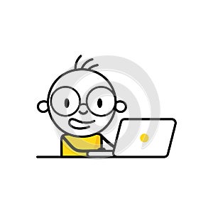 Happy smiling man working with his laptop. Freelancer or office worker. Freelance or studying concept. Vector stock