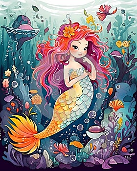 Happy smiling mermaid, long red hair, water color illustration, bright colors