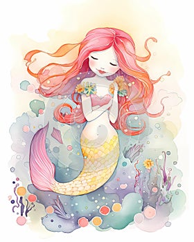 Happy smiling mermaid portrait, water color illustration, bright rainbow colors