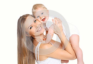 Happy smiling mother and baby having fun together on white