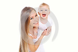 Happy smiling mother and baby having fun on white