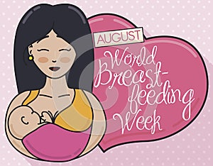 Happy Smiling Mother, Baby and Heart Celebrating World Breastfeeding Week, Vector Illustration