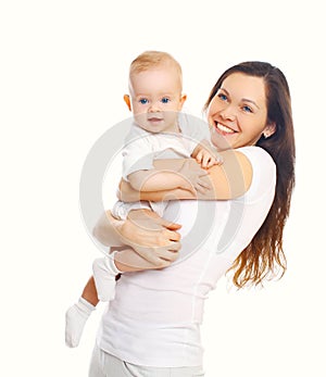 Happy smiling mother with baby on a white