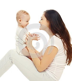 Happy smiling mother and baby on white background