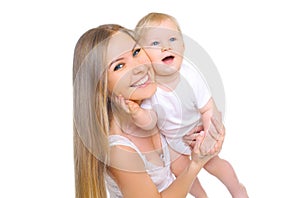 Happy smiling mother with baby on white background