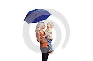 Happy smiling mother holding child son with blue umbrella having fun together isolated on white background