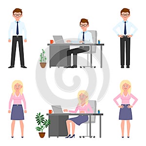 Happy, smiling office worker man and woman vector illustration. Standing, sitting at desk, typing boy and girl cartoon character