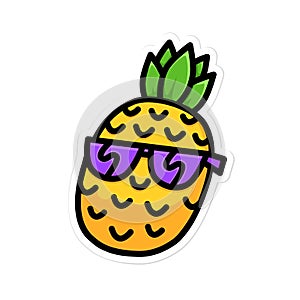 Happy Smiling Pineapple in Sunglasses Cartoon Line Art Style Illustration.