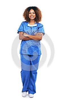 Happy, smiling and portrait of a black woman with arms crossed isolated on a white background in studio. Medical expert