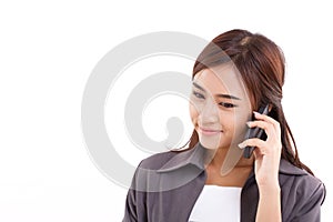 Happy, smiling, positive business woman listening to her smart phone