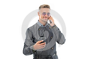 Happy smiling professional business man businessman boss in formal coat talking on mobile phone