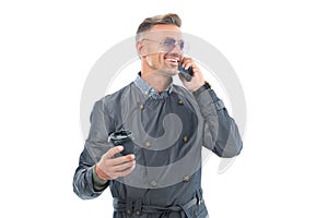 Happy smiling professional business man businessman ceo in formal coat talking on mobile phone