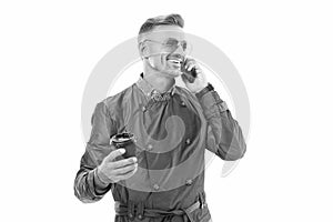 Happy smiling professional business man businessman ceo in formal coat talking on mobile phone