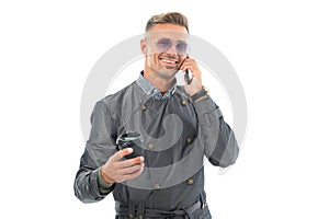 Happy smiling professional business man businessman director in formal coat talking on mobile phone