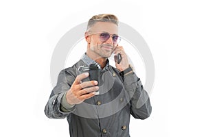 Happy smiling professional business man businessman executive in formal coat talking on mobile phone