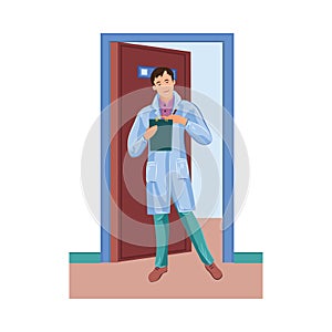 A professional veterinarian doctor with a folder stands near the cabinet in the vet clinic. Vector colorful illustration