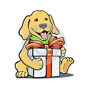 Happy smiling puppy with gift box and red bow. friendly labrador golden retriever baby cartoon illustration