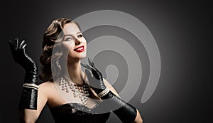 Happy Smiling Retro Beautiful Woman Portrait, Pearl Necklace and Leather Glove, Vintage Corset Dress, Red Lips, Glamour