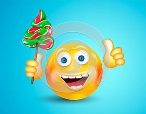 Happy smiling round face holding christmas candies fir-tree and showing thumb up on bright blue background. Cartoon character. Ico