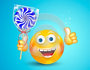 Happy smiling round face holding sweet candy lollipop and showing thumb up on bright blue background. Cartoon character. Icon