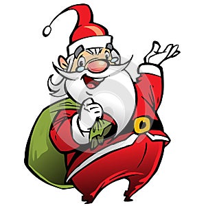 Happy smiling Santa Claus cartoon character carrying a bag