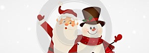 Happy smiling Santa Claus and cute snowman with signboard, advertisement banner. Cartoon Santa Claus character with