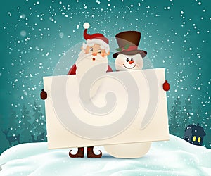 Happy smiling Santa Claus and cute snowman with signboard, advertisement banner. Cartoon Santa Claus character with