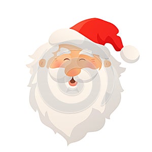 Happy smiling Santa Claus head with red hat and beard. Cartoon vector illustration.