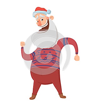 Happy smiling Santa Claus in red and blue deer sweater dancing on white background. Merry Christmas and Happy New Year