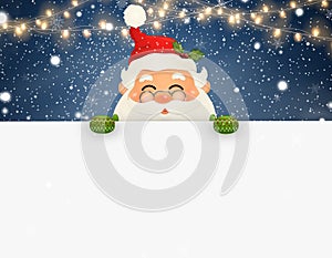 Happy smiling Santa Claus standing behind a blank sign, showing on big blank sign. Cartoon Santa Claus character with