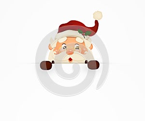 Happy smiling Santa Claus standing behind a blank sign, showing on big blank sign. Cartoon Santa Claus character with