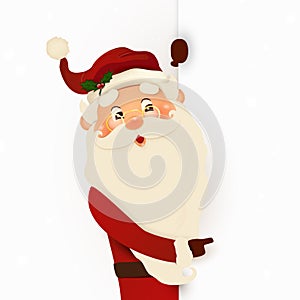 Happy smiling Santa Claus standing behind a blank sign, showing on big blank sign. Cartoon Santa Claus character with