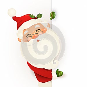 Happy smiling Santa Claus standing behind a blank sign, showing on big blank sign. Cartoon Santa Claus character with white copy s